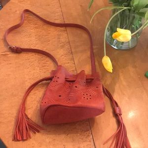 Over the shoulder orange tassel purse.